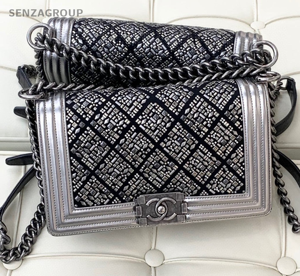 Chanel Leboy MM Calfskin Chain Black Silver Shoulder Bag Crossbody Women Classic