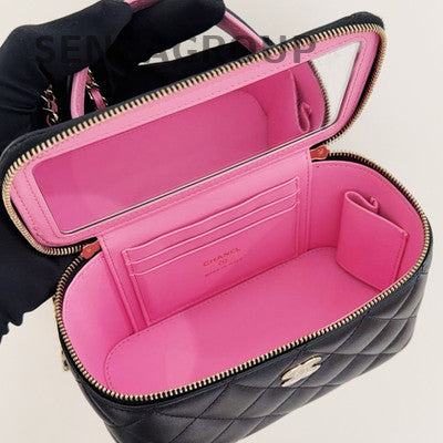 Chanel Black Pink Gold Hardware Lambskin Long Box Cosmetic Chain Crossbody Bag