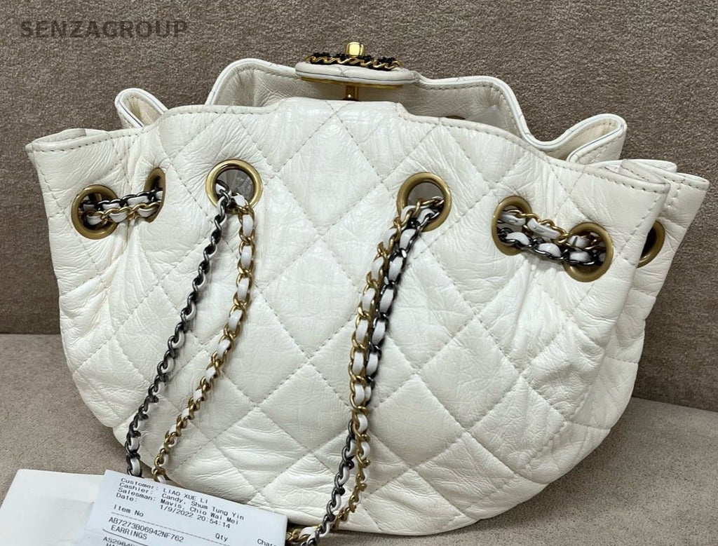 Chanel Lambskin Bucket Chain Shoulder Bag White Gold Women Classic
