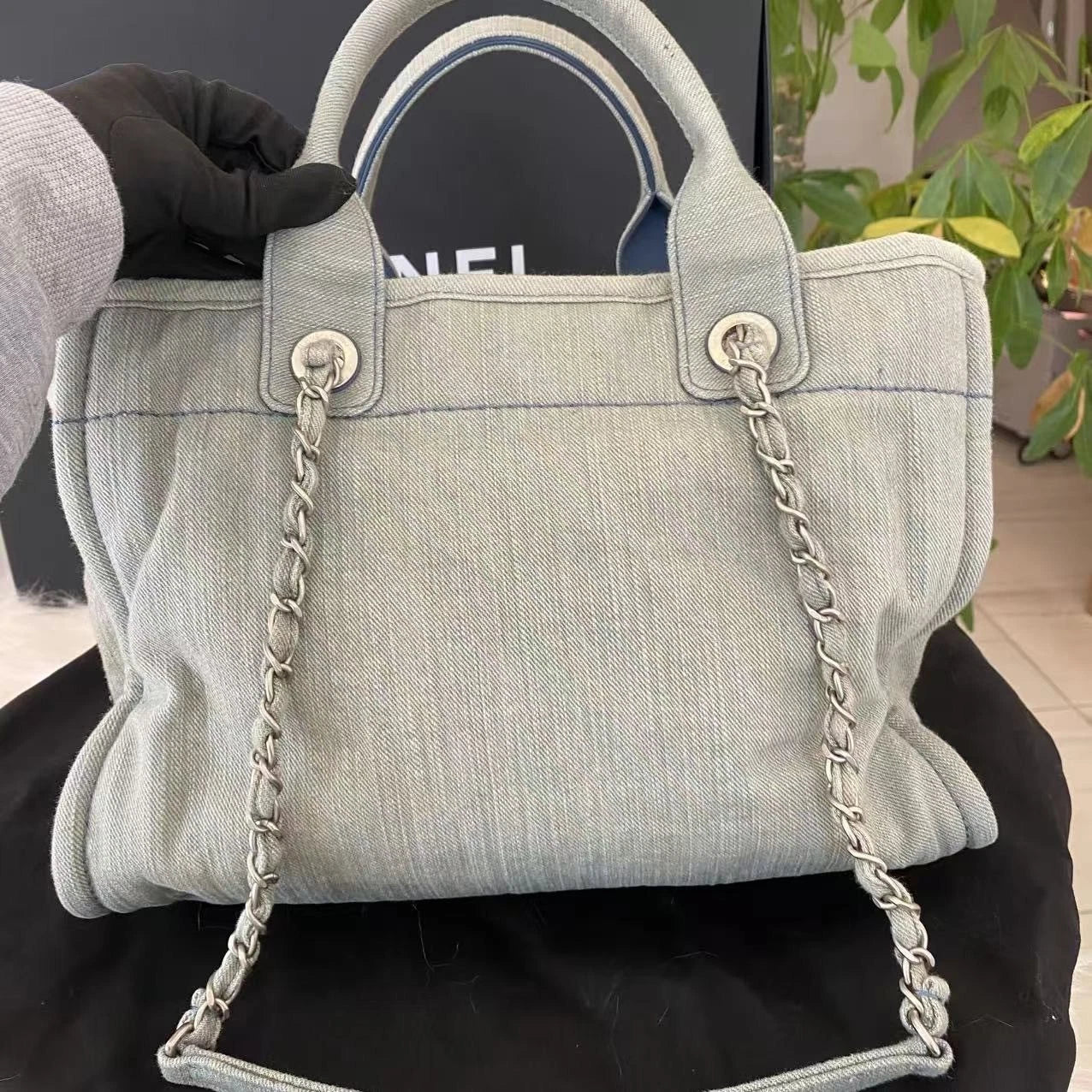 Chanel Denim Medium Chain Tote Shoulder Bag Blue Silver Classic Women