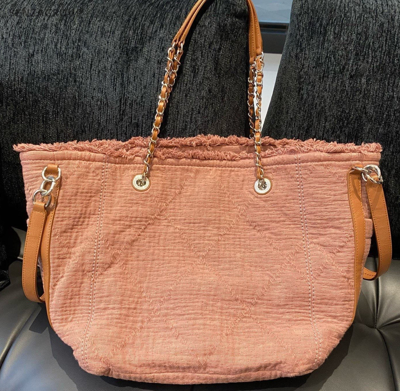 Chanel Beach Tote Chain Shoulder Bag Pink Brown Silver Women Classic
