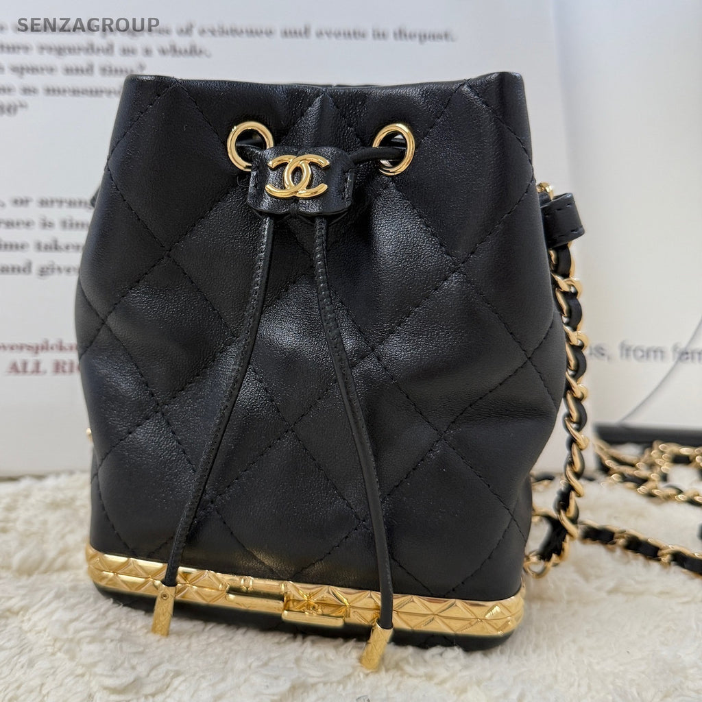 Chanel 22S Mini Bucket Bag Black Gold Quilted Lambskin Shoulder Crossbody