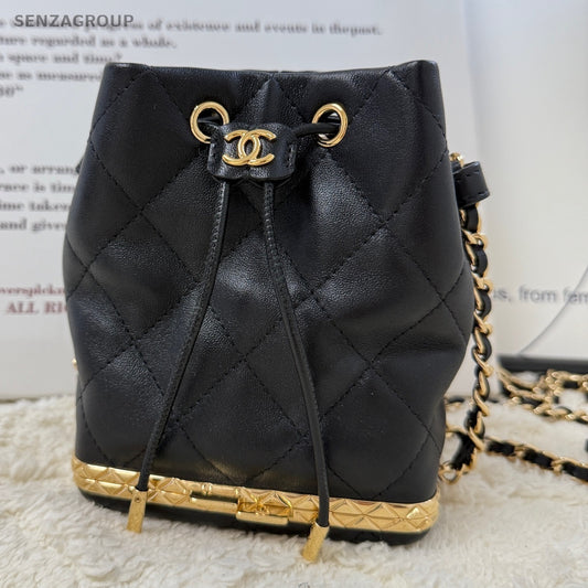 Chanel 22S Mini Bucket Bag Black Gold Quilted Lambskin Shoulder Crossbody