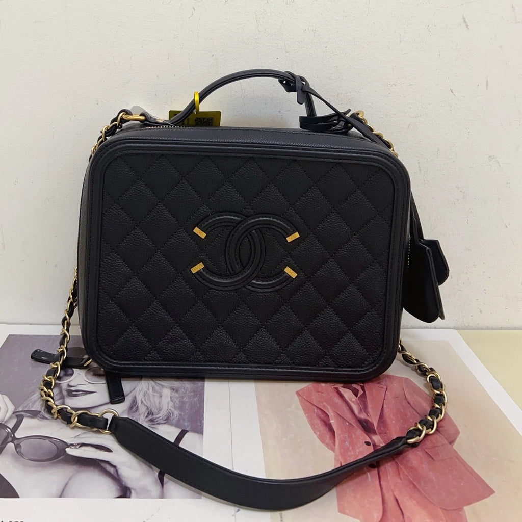 Chanel Calfskin Diamond Camera Bag Chain Crossbody Top Handle Bag Black