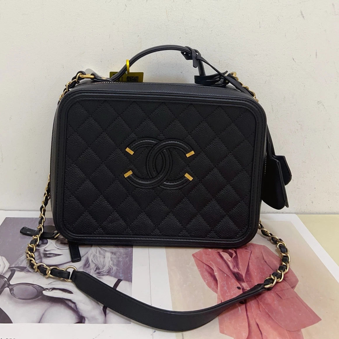 Chanel Calfskin Diamond Camera Bag Chain Crossbody Top Handle Bag Black