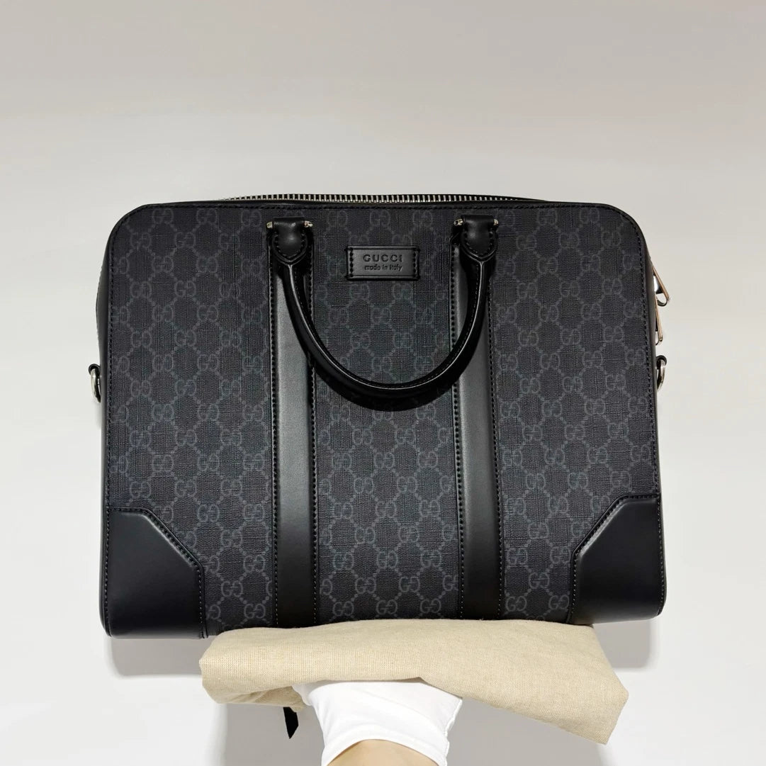 New Gucci GG Supreme Black Canvas Briefcase Laptop Bag No Strap