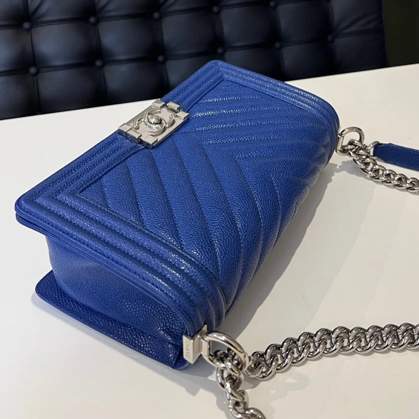 Chanel Le Boy Medium Chevron Chain Shoulder Bag Blue Silver Classic