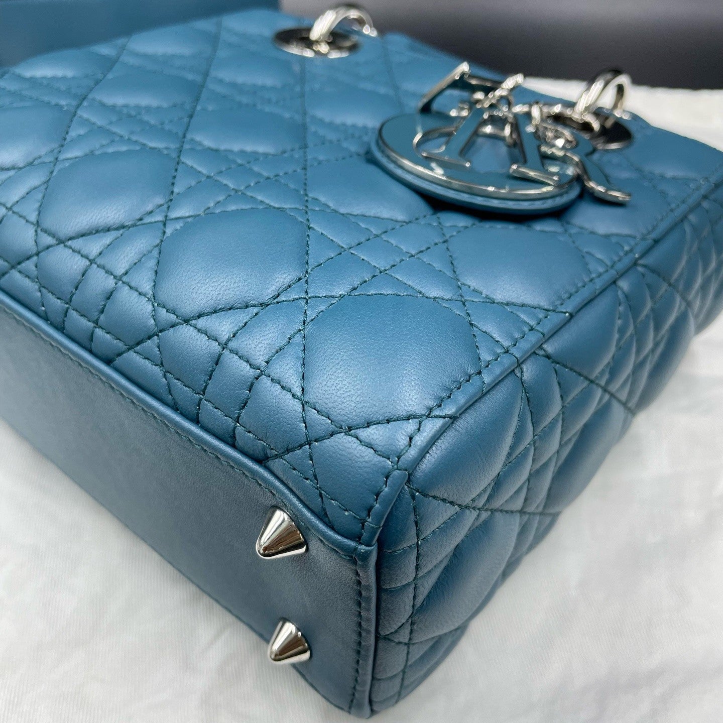 Christian Dior Lady Dior Cannage Top Handle Crossbody Blue Silver Women Classic