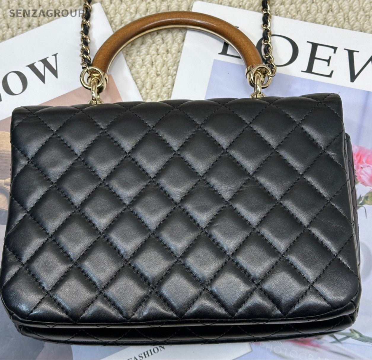 Chanel CC Logo Wooden Handle Bag Chain Crossbody Black Gold Used Women Designer
