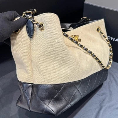 Chanel Tote Chain GM Canvas Lambskin Shoulder Bag Beige Black Gold Women D