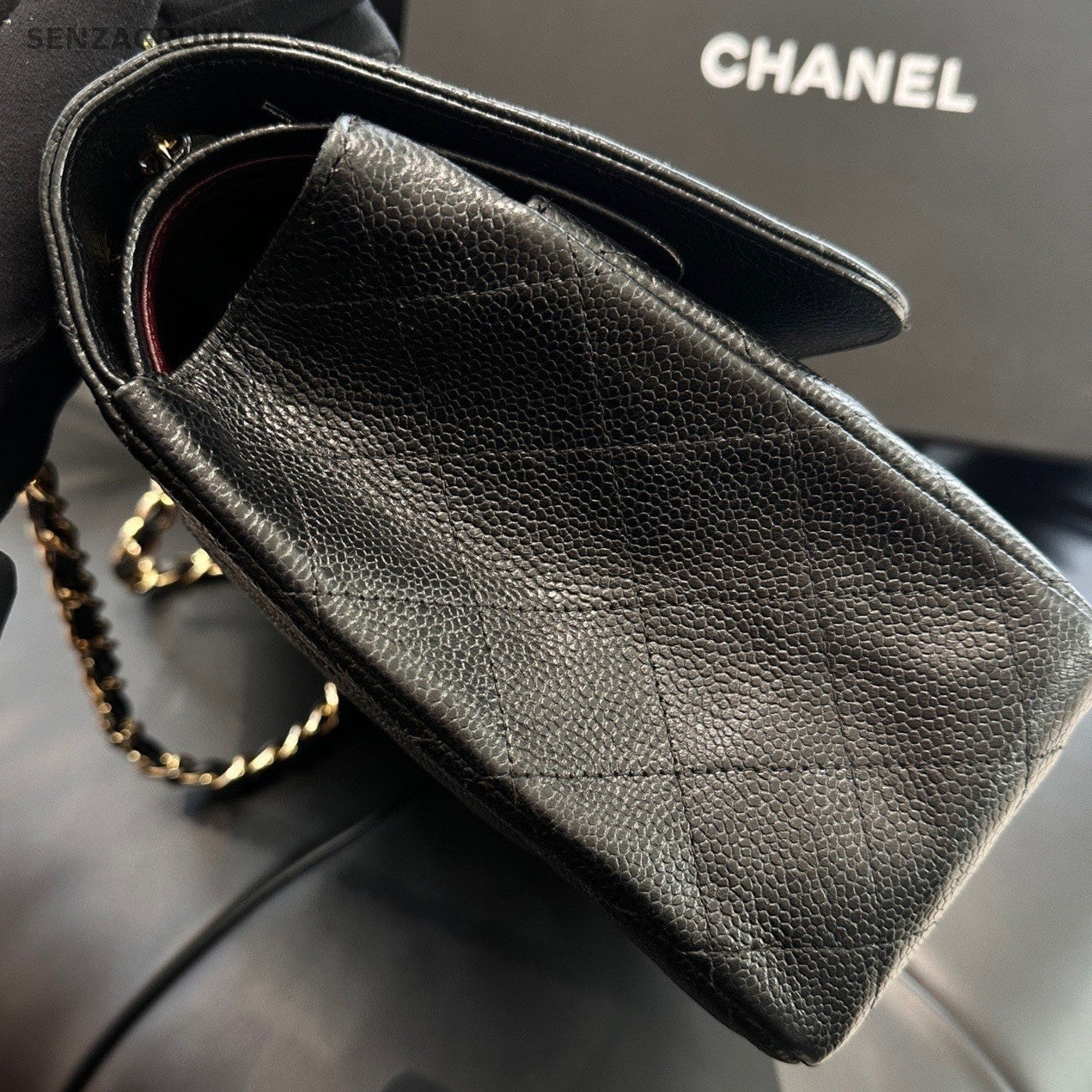 Chanel Classic Flap Jumbo GM Chain Shoulder Bag Black Gold Women Fashion