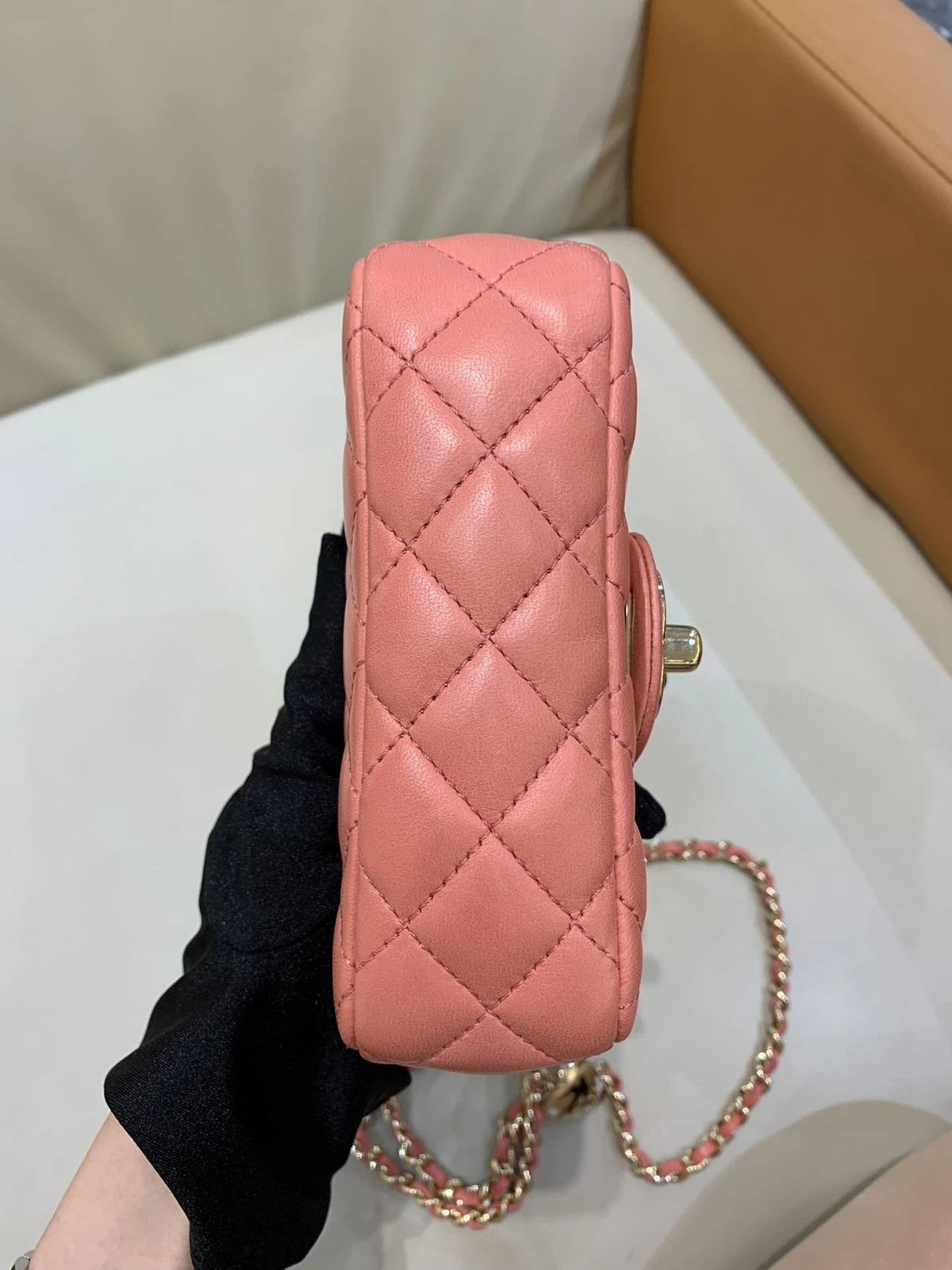 CHANEL Peach Pink Gold Buckle Mini Heart Badge Crossbody Bag Women