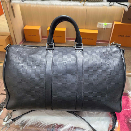 Louis Vuitton Damier Keepall Black Leather Shoulder Bag