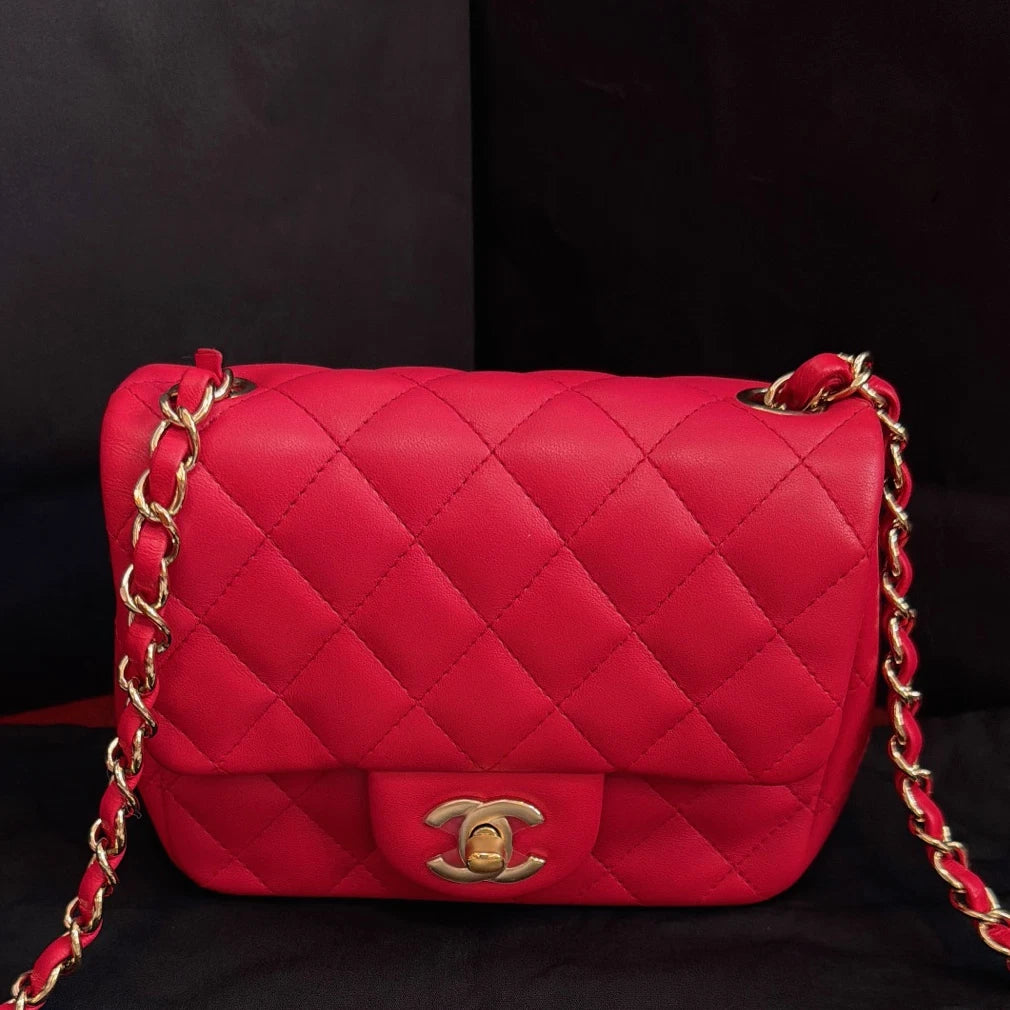 Chanel Classic Flap Lambskin Chain Crossbody Red Gold Women Diamond