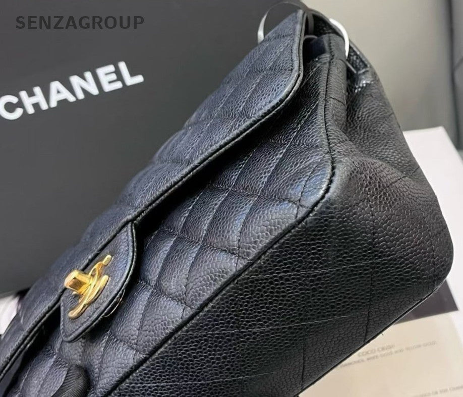 Chanel Classic Flap MM Chain Shoulder Bag Black Gold Diamond Women Fashion