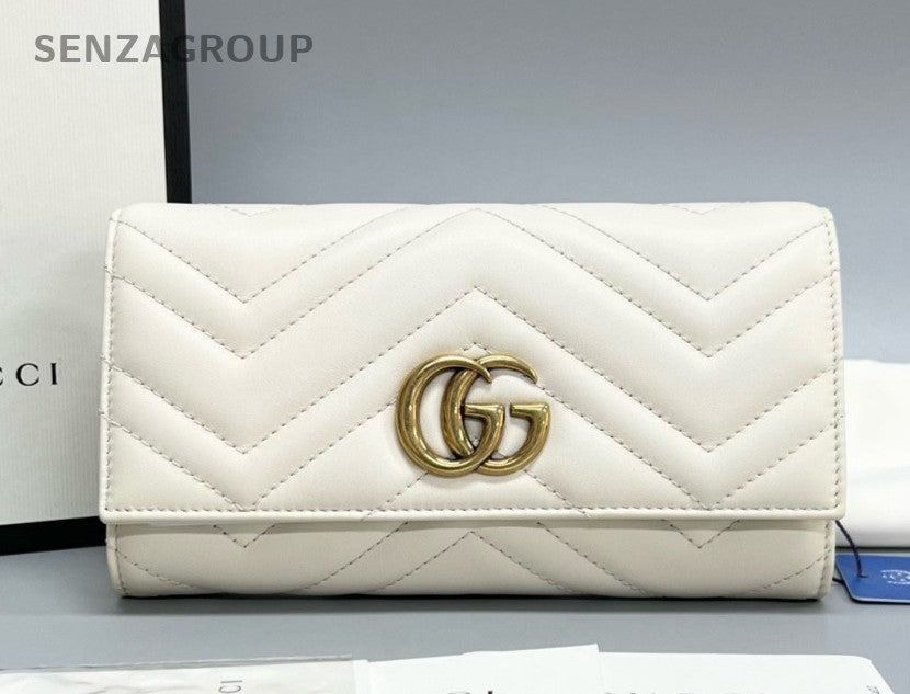 Gucci GG Marmont Long Wallet Clutch White Gold Used Women Classic