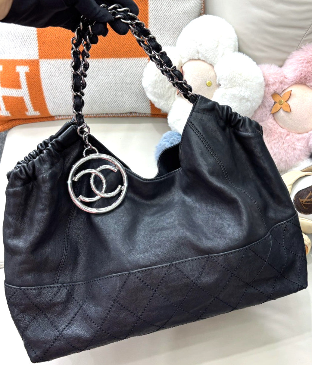 CHANEL Classic Logo Calfskin tote Shoulder bag Black Silver Women