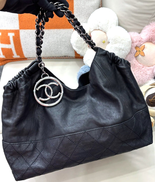 CHANEL Classic Logo Calfskin tote Shoulder bag Black Silver Women