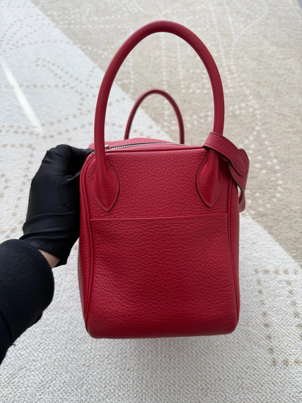 Hermes Lindy30 TC Leather Top Handle Shoulder Bag Red Silver Women Classic