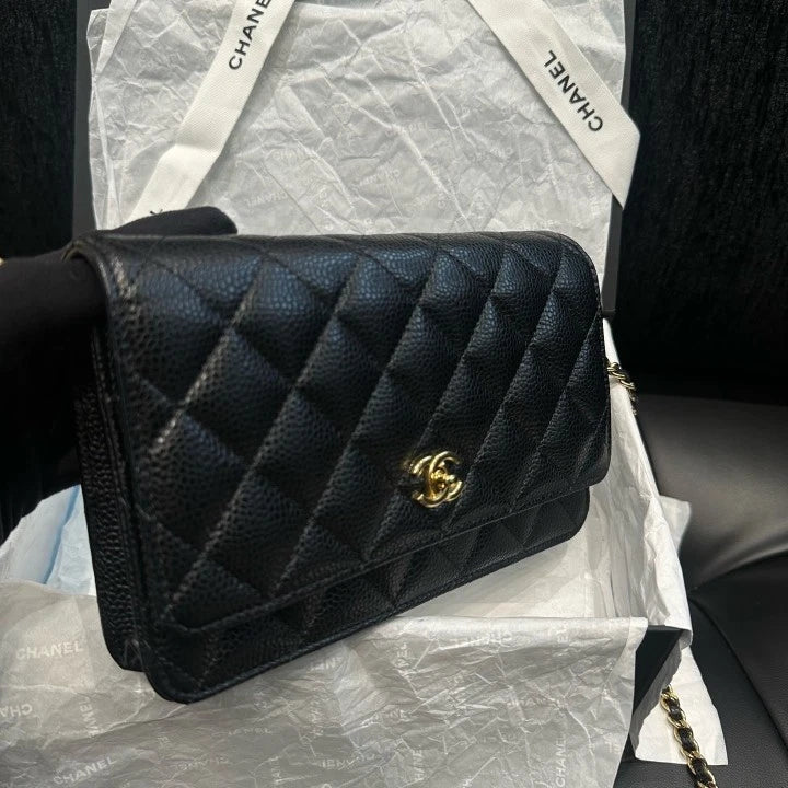 Chanel WOC Diamond Chain Shoulder Bag Crossbody Black Gold Women Classic D