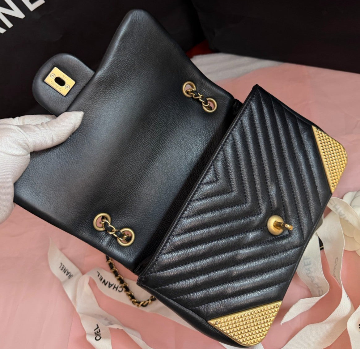 Chanel Classic Flap Mini Calfskin Chain Shoulder Bag Black Gold Women Chevron