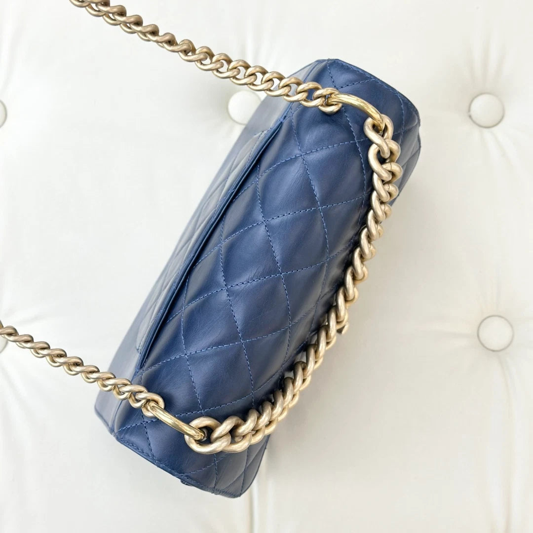 Chanel Diamond PM Chain Top Handle Bag Crossbody Navy Gold Women Classic S