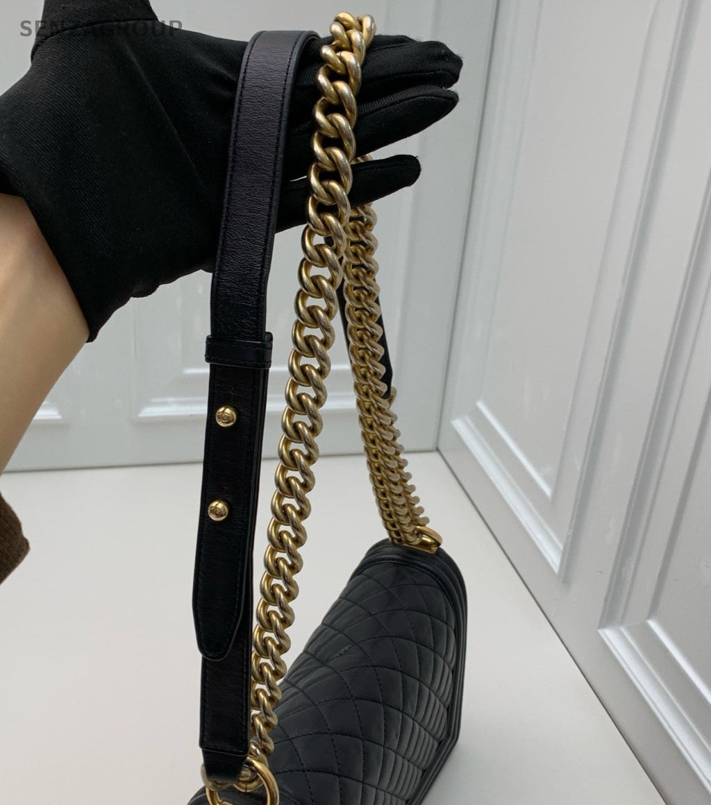 Chanel Leboy Chain Calfskin Shoulder Bag Black Gold Women Classic Diamond