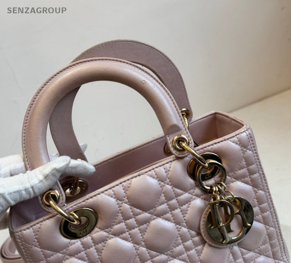 Christian Dior Lady Dior Lambskin Top Handle Bag Crossbody Pink Gold Used Women