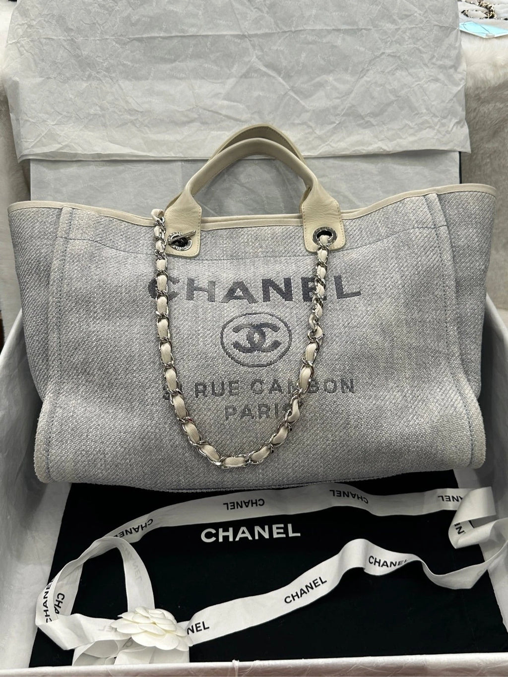 CHANEL Light Blue White Canvas Beach Tote Bag for Women