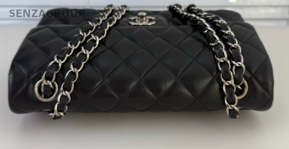 Chanel Classic Flap Lambskin PM Chain Shoulder Bag Black Silver Used Women