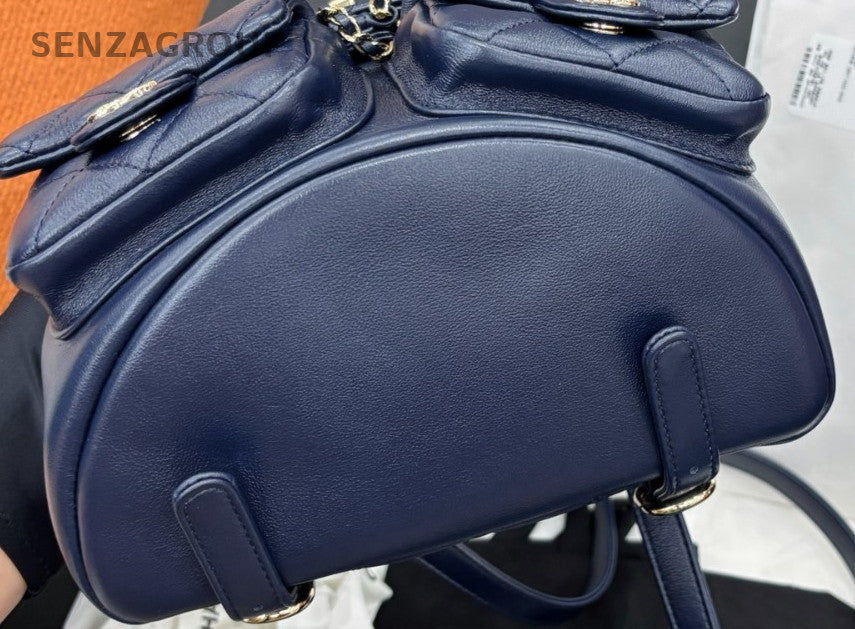 Chanel Duma MM Calfskin Backpack Blue Gold Used Women Classic