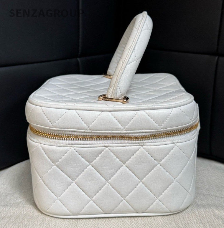 Chanel Diamond 2Way Top Handle Bag Chain Crossbody White Gold Women Classic
