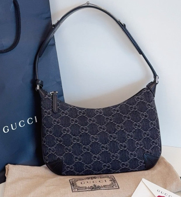 GUCCI Horsebit Slim Denim Black Monogram Shoulder Handbag  Women