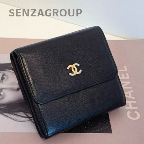Chanel Short Wallet Clutch Black Gold Used Women Classic