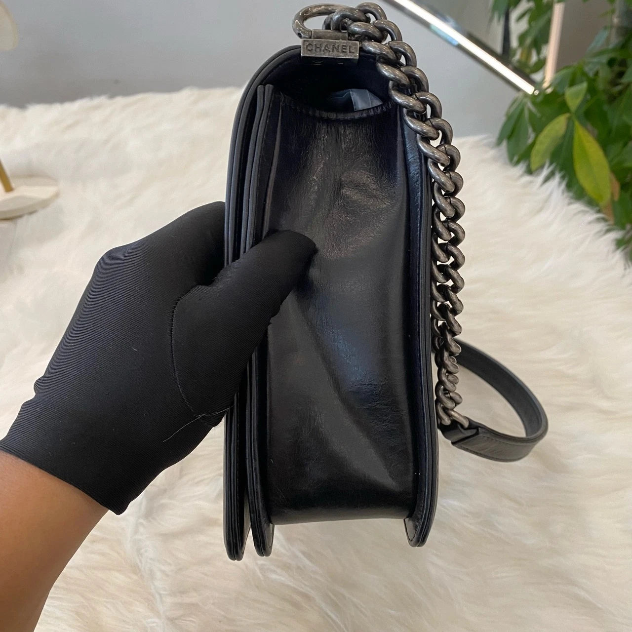 Chanel Le Boy Large Chain Shoulder Bag Black Silver Quilted Classic