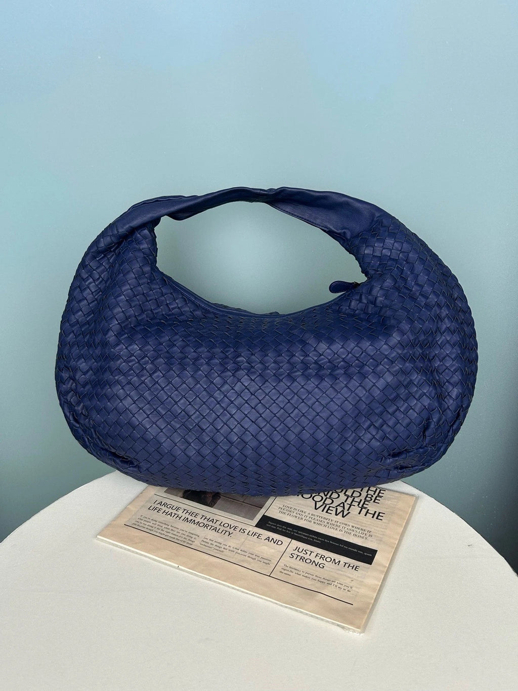 Bottega Veneta Veneta Calfskin Hobo Shoulder Bag Blue Used Women Classic