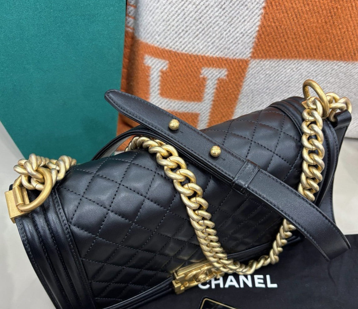 Chanel Leboy MM Lambskin Chain Shoulder Bag Black Gold Diamond Women Classic