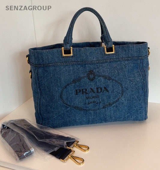 Prada Denim Tote 2Way Top Handle Bag Shoulder Bag Blue Gold Women Classic