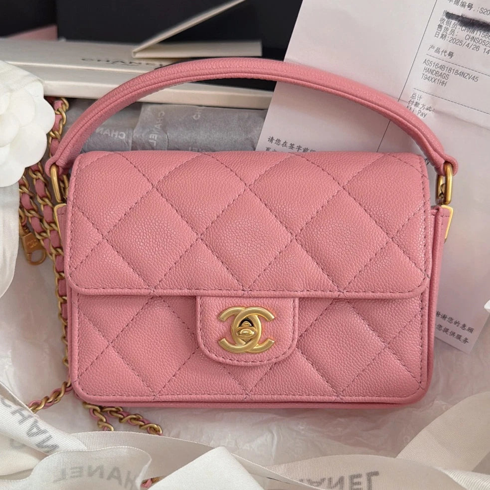 Chanel Classic Flap Chain Top Handle Crossbody Pink Gold Women Fashion Diamond