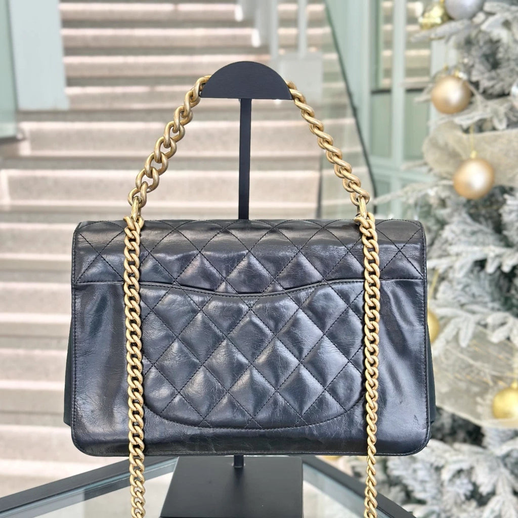 Chanel Calfskin GM Chain Top Handle Shoulder Bag Crossbody Black Gold Women S