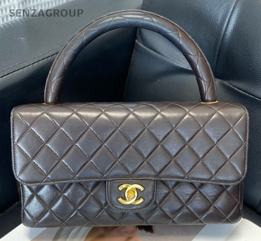 Chanel Classic Flap MM Diamond Top Handle Bag Black Gold Women Vintage