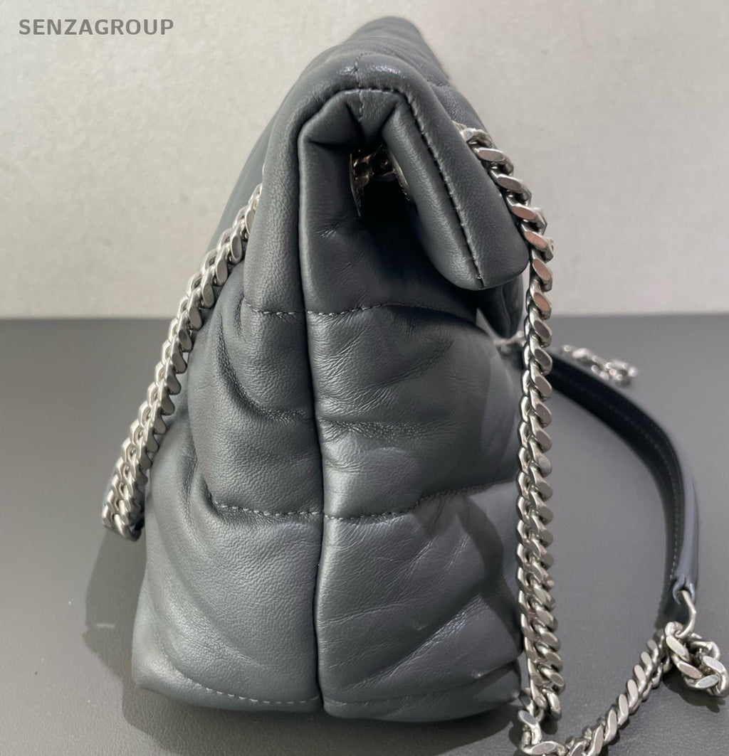 Saint Laurent LOULOU Lambskin Chain Shoulder Bag Crossbody Gray Silver Women