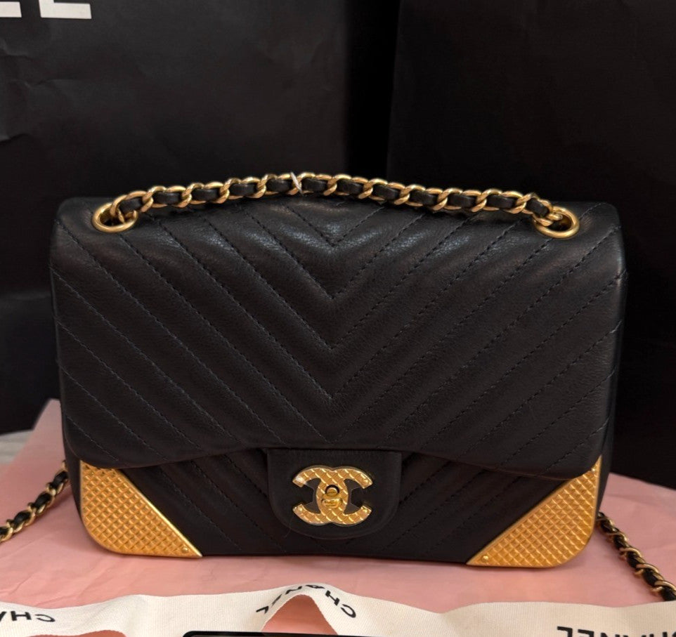 Chanel Classic Flap Mini Calfskin Chain Shoulder Bag Black Gold Women Chevron