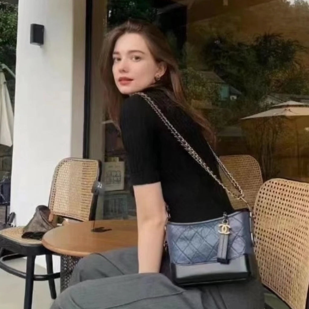 Chanel Gabrielle PM Chain Shoulder Crossbody Blue Gold Women Classic Fashion