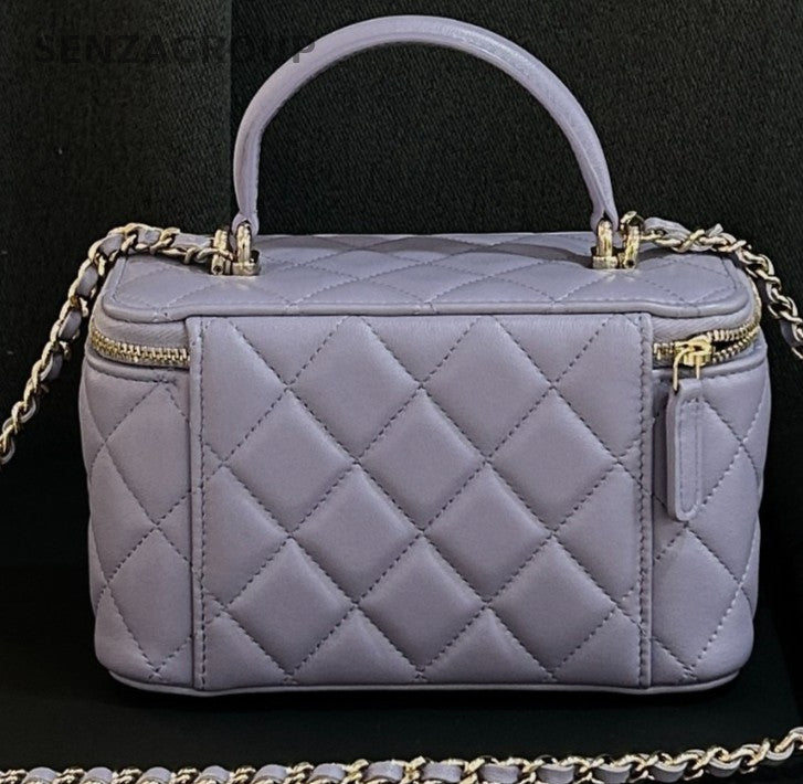 Chanel Lambskin Diamond Pattern Top Handle Bag Crossbody Purple Gold Designer