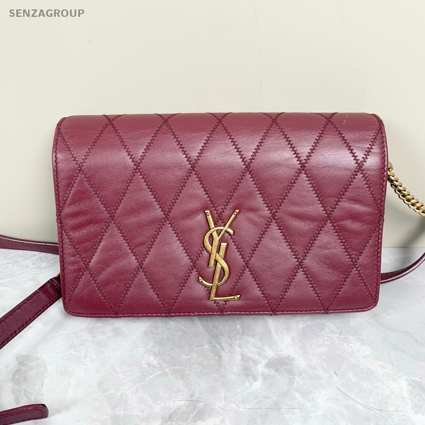 YSL Saint Laurent Diamond pattern Logo Shoulder bag Crossbody Wine Red Women