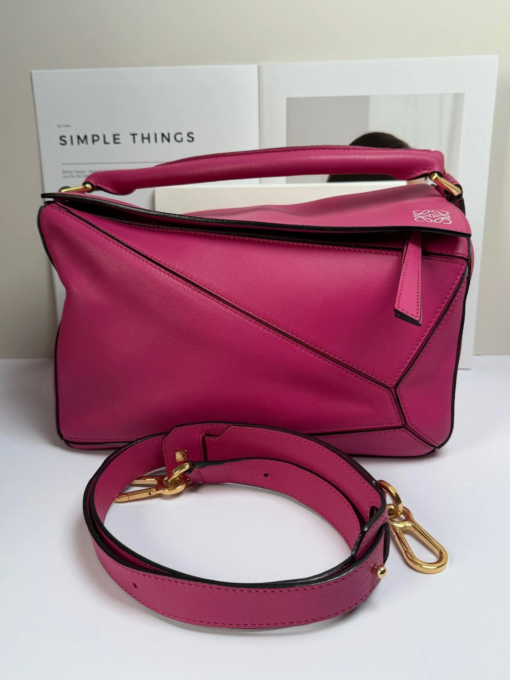 Loewe Puzzle MM Top Handle Shoulder Bag Crossbody Fuchsia Gold Women Classic