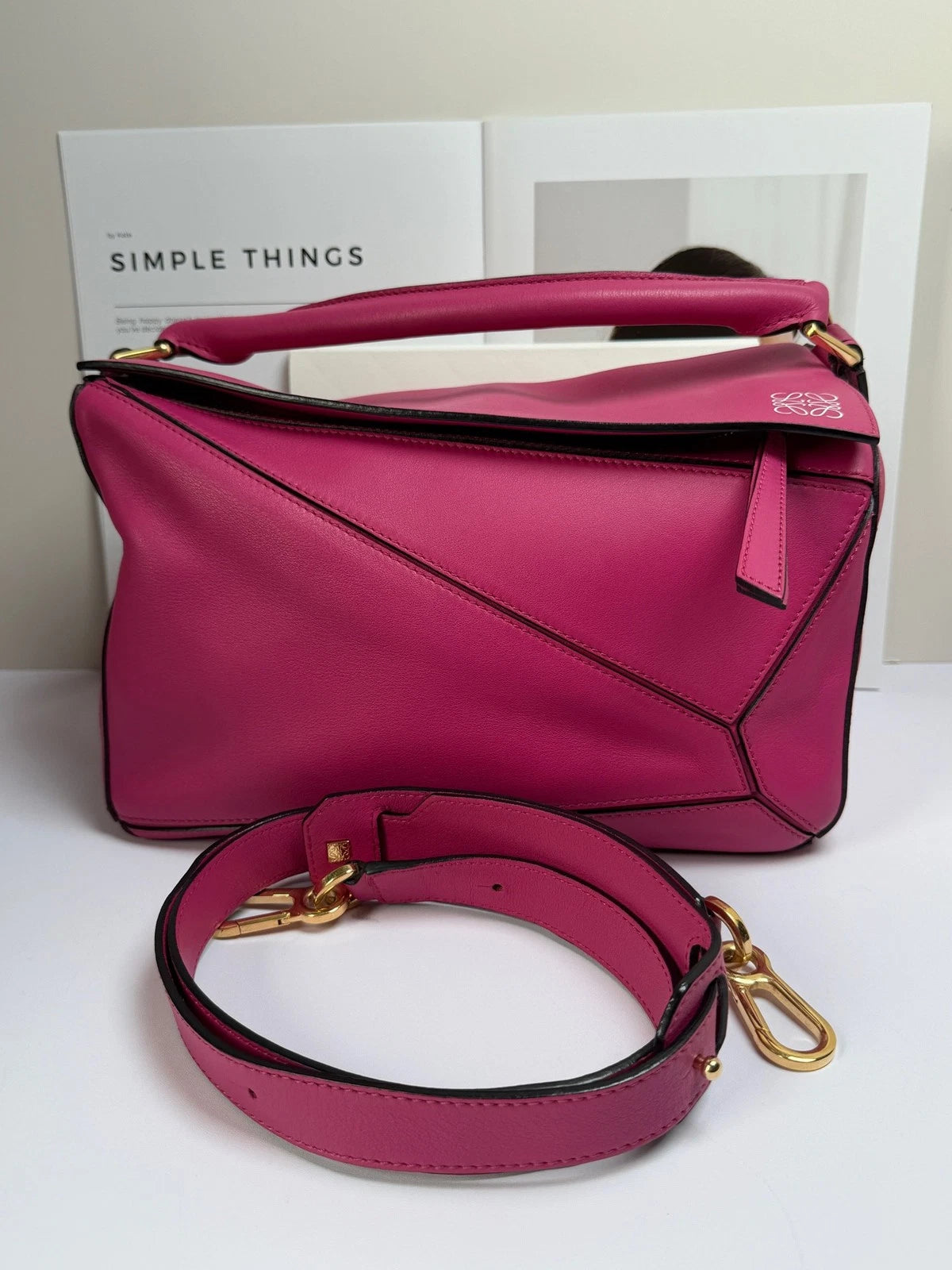 Loewe Puzzle MM Top Handle Shoulder Bag Crossbody Fuchsia Gold Women Classic