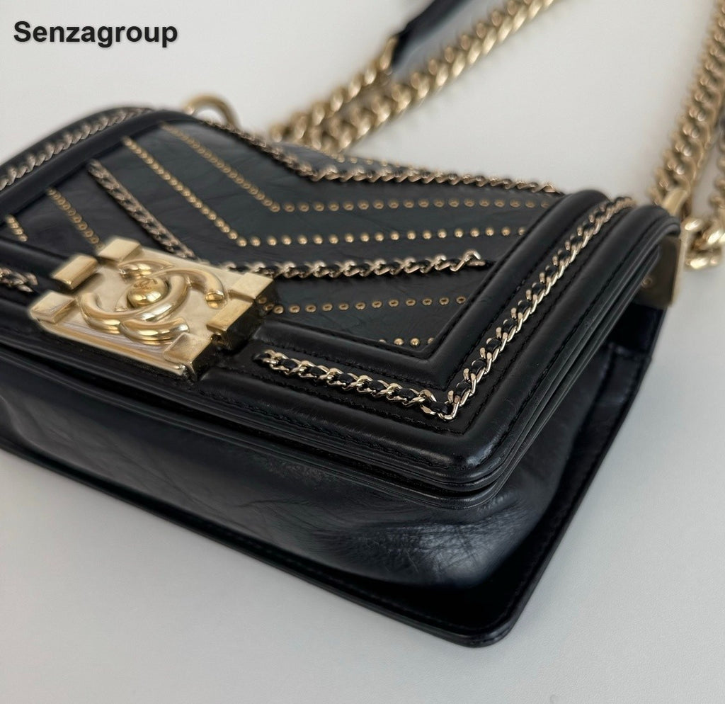 Chanel Leboy PM Calfskin Chain Shoulder Bag Black Gold Women Classic Fashion