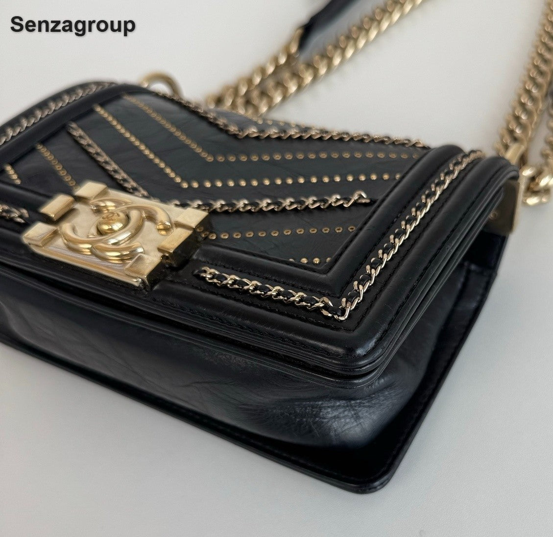 Chanel Leboy PM Calfskin Chain Shoulder Bag Black Gold Women Classic Fashion